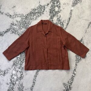 John Patrick Top Womens L Brown Boxy 3/4 Sleeve 100% Linen  US Made Minimalist